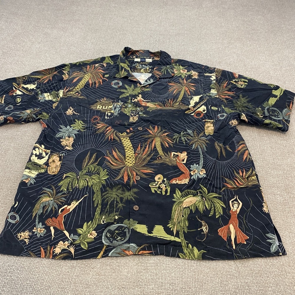 Vintage Tommy Bahama Shirt Mens XL Black Silk Hawaiian Short Sleeve Loop Collar